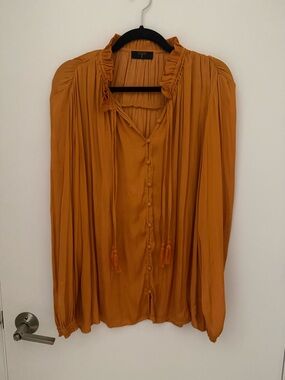 Tahari Burnt Orange Tassel Button-Front Ruffle Blouse